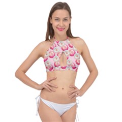 Pink And White Donuts Cross Front Halter Bikini Top by SychEva