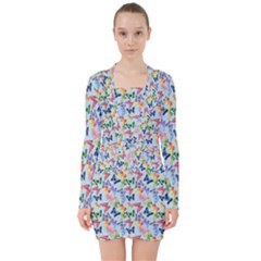 Beautiful Bright Butterflies Are Flying V-neck Bodycon Long Sleeve Dress by SychEva