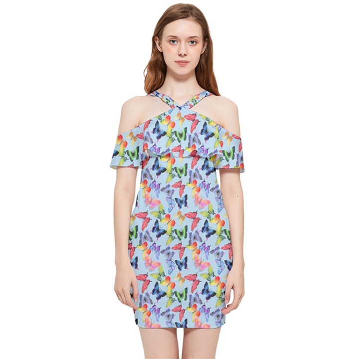 Beautiful Bright Butterflies Are Flying Shoulder Frill Bodycon Summer Dress