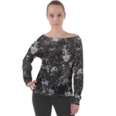 Dark Marble Camouflage Texture Print Off Shoulder Long Sleeve Velour Top by dflcprintsclothing