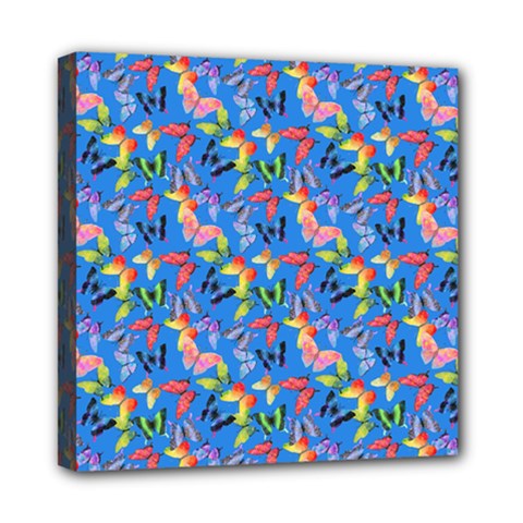 Multicolored Butterflies Fly On A Blue Background Mini Canvas 8  X 8  (stretched) by SychEva