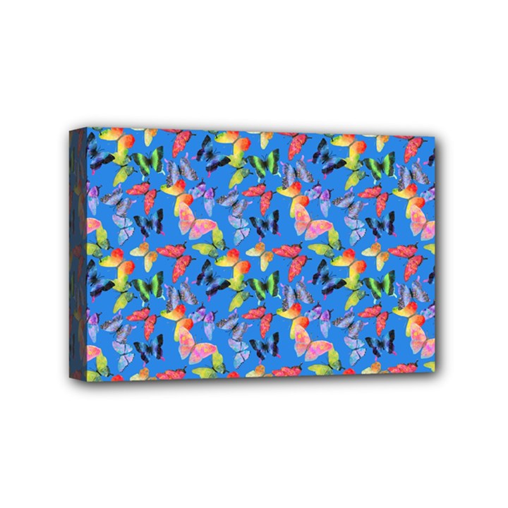 Multicolored Butterflies Fly On A Blue Background Mini Canvas 6  x 4  (Stretched)