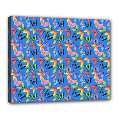 Multicolored Butterflies Fly On A Blue Background Canvas 20  X 16  (stretched) by SychEva