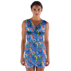 Multicolored Butterflies Fly On A Blue Background Wrap Front Bodycon Dress by SychEva