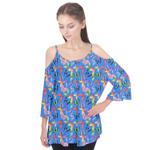 Multicolored Butterflies Fly On A Blue Background Flutter Sleeve Tee  by SychEva