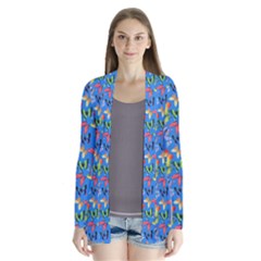 Multicolored Butterflies Fly On A Blue Background Drape Collar Cardigan by SychEva