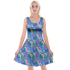 Multicolored Butterflies Fly On A Blue Background Reversible Velvet Sleeveless Dress by SychEva