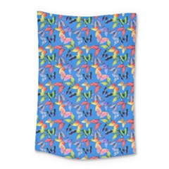 Multicolored Butterflies Fly On A Blue Background Small Tapestry by SychEva