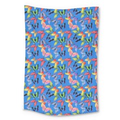 Multicolored Butterflies Fly On A Blue Background Large Tapestry by SychEva