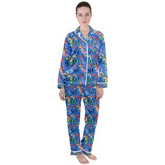 Multicolored Butterflies Fly On A Blue Background Satin Long Sleeve Pajamas Set by SychEva