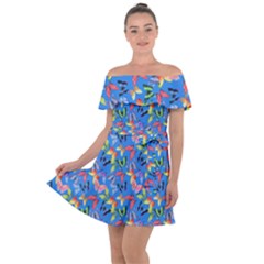 Multicolored Butterflies Fly On A Blue Background Off Shoulder Velour Dress by SychEva