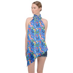 Multicolored Butterflies Fly On A Blue Background Halter Asymmetric Satin Top by SychEva