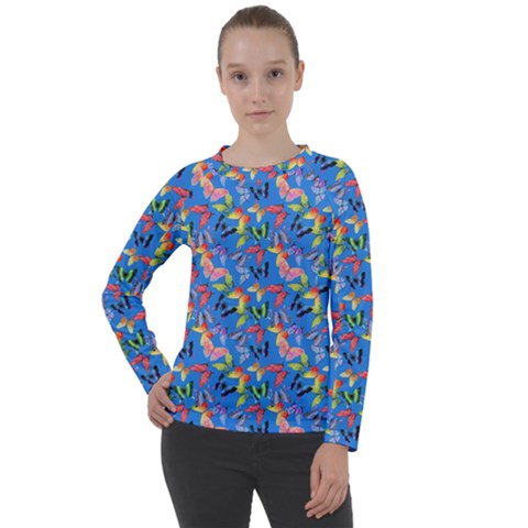 Multicolored Butterflies Fly On A Blue Background Women s Long Sleeve Raglan Tee by SychEva