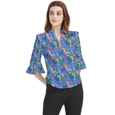 Multicolored Butterflies Fly On A Blue Background Loose Horn Sleeve Chiffon Blouse by SychEva