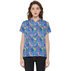 Multicolored Butterflies Fly On A Blue Background Short Sleeve Pocket Shirt by SychEva