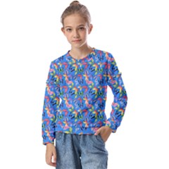 Multicolored Butterflies Fly On A Blue Background Kids  Long Sleeve Tee With Frill 