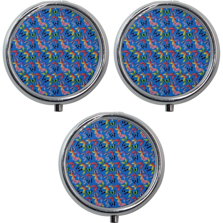 Multicolored Butterflies Fly On A Blue Background Mini Round Pill Box (Pack of 3)