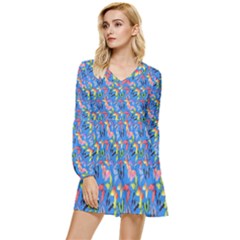 Multicolored Butterflies Fly On A Blue Background Tiered Long Sleeve Mini Dress