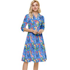 Multicolored Butterflies Fly On A Blue Background Classy Knee Length Dress