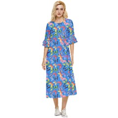 Multicolored Butterflies Fly On A Blue Background Double Cuff Midi Dress