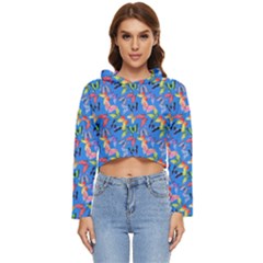 Multicolored Butterflies Fly On A Blue Background Women s Lightweight Cropped Hoodie