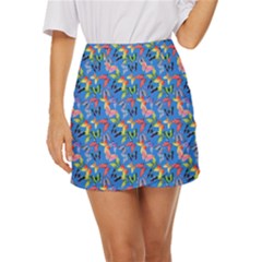 Multicolored Butterflies Fly On A Blue Background Mini Front Wrap Skirt