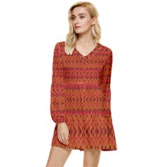 Red Pattern Tiered Long Sleeve Mini Dress