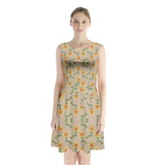 Flowers Pattern Sleeveless Waist Tie Chiffon Dress