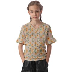 Flowers Pattern Kids  V-neck Horn Sleeve Blouse by Sparkle