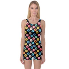 Multicolored Donuts On A Black Background One Piece Boyleg Swimsuit by SychEva