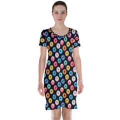 Multicolored Donuts On A Black Background Short Sleeve Nightdress by SychEva