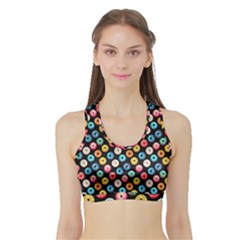 Multicolored Donuts On A Black Background Sports Bra With Border by SychEva