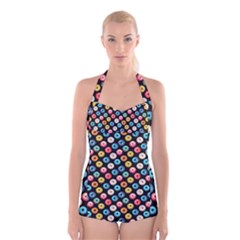 Multicolored Donuts On A Black Background Boyleg Halter Swimsuit  by SychEva