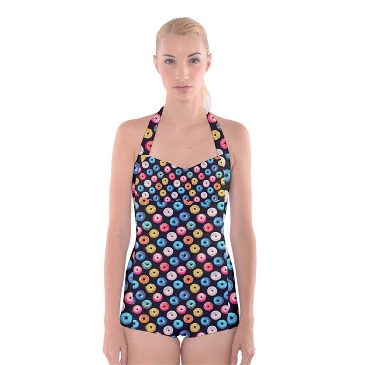 Multicolored Donuts On A Black Background Boyleg Halter Swimsuit 