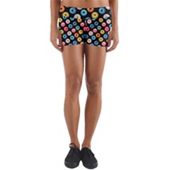 Multicolored Donuts On A Black Background Yoga Shorts by SychEva