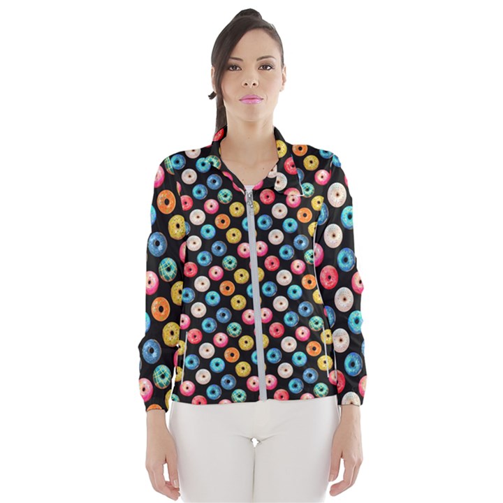 Multicolored Donuts On A Black Background Women s Windbreaker