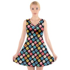 Multicolored Donuts On A Black Background V-neck Sleeveless Dress by SychEva