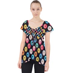 Multicolored Donuts On A Black Background Lace Front Dolly Top by SychEva