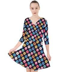 Multicolored Donuts On A Black Background Quarter Sleeve Front Wrap Dress by SychEva