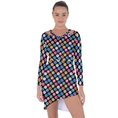 Multicolored Donuts On A Black Background Asymmetric Cut-out Shift Dress by SychEva