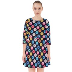 Multicolored Donuts On A Black Background Smock Dress by SychEva