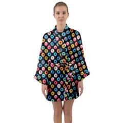 Multicolored Donuts On A Black Background Long Sleeve Satin Kimono by SychEva