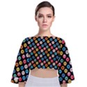 Multicolored Donuts On A Black Background Tie Back Butterfly Sleeve Chiffon Top View1