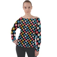 Multicolored Donuts On A Black Background Off Shoulder Long Sleeve Velour Top by SychEva