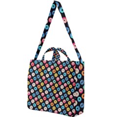 Multicolored Donuts On A Black Background Square Shoulder Tote Bag by SychEva