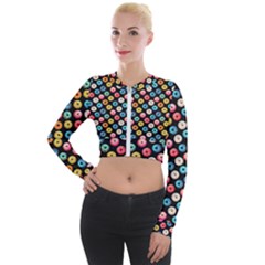 Multicolored Donuts On A Black Background Long Sleeve Cropped Velvet Jacket by SychEva