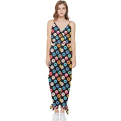 Multicolored Donuts On A Black Background Sleeveless Tie Ankle Jumpsuit