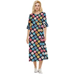 Multicolored Donuts On A Black Background Double Cuff Midi Dress