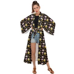 Shiny Pumpkins On Black Background Maxi Kimono by SychEva