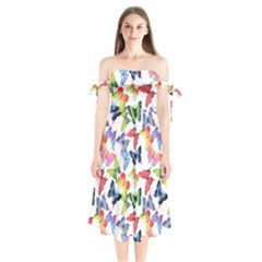 Bright Butterflies Circle In The Air Shoulder Tie Bardot Midi Dress by SychEva